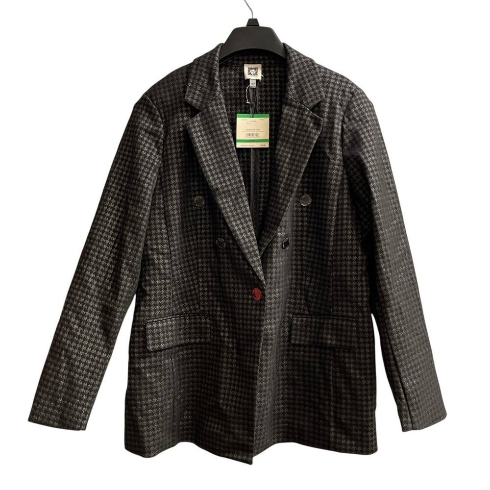 Anne Klein Blazer Black Metallic Silver Check Structured Jacket Size L Event